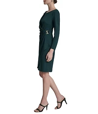 DKNY by Donna Karan Scuba Crepe Crew Neck Long Sleeve Ruched Bodice Sheath Dress