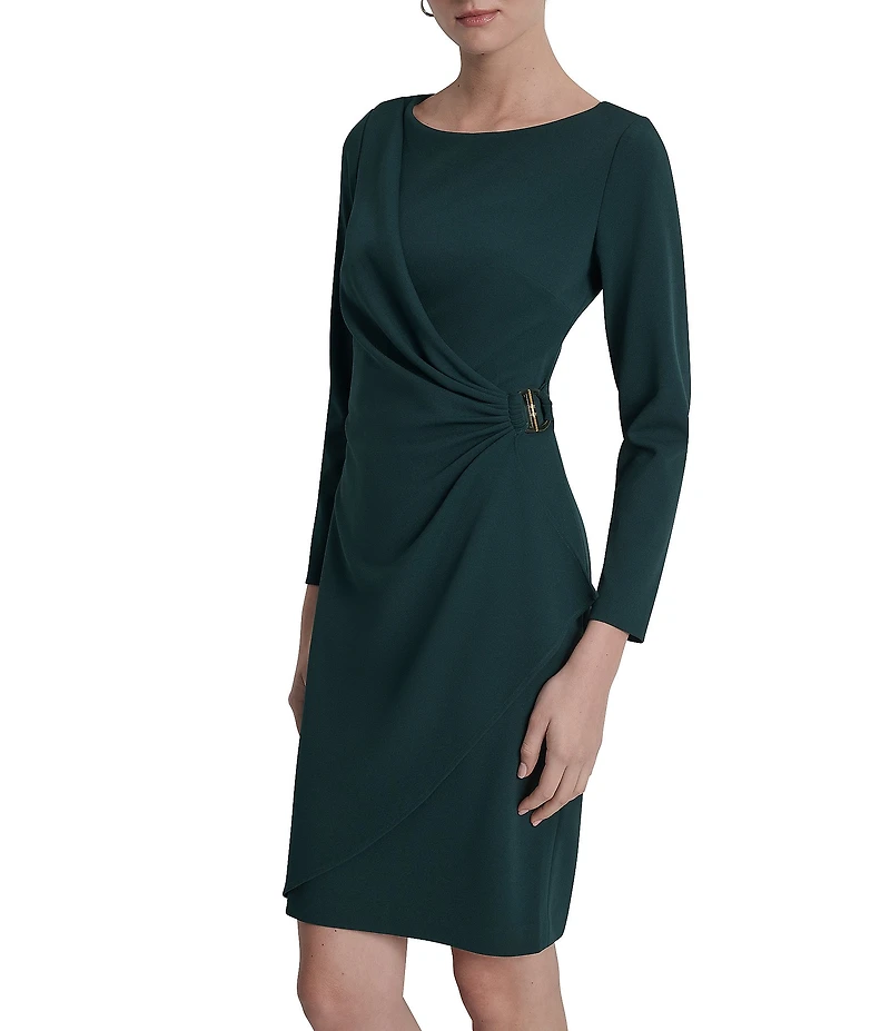 DKNY by Donna Karan Scuba Crepe Crew Neck Long Sleeve Ruched Bodice Sheath Dress