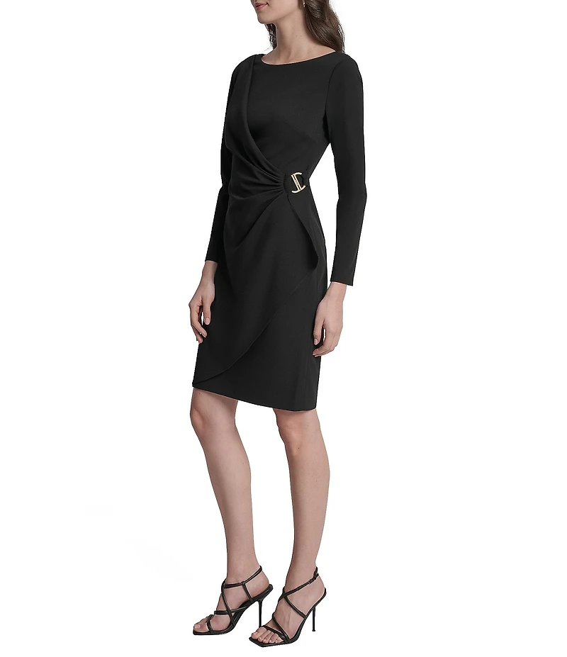 DKNY by Donna Karan Scuba Crepe Crew Neck Long Sleeve Ruched Bodice Sheath Dress