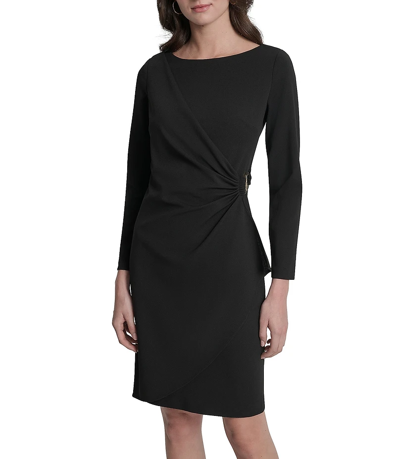 DKNY by Donna Karan Scuba Crepe Crew Neck Long Sleeve Ruched Bodice Sheath Dress