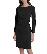 DKNY by Donna Karan Scuba Crepe Crew Neck Long Sleeve Ruched Bodice Sheath Dress