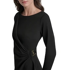 DKNY by Donna Karan Scuba Crepe Crew Neck Long Sleeve Ruched Bodice Sheath Dress