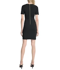 DKNY by Donna Karan Scuba Crepe Crew Neck Short Sleeve Faux Button Skirt Sheath Dress