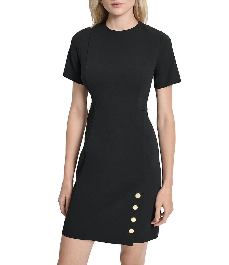DKNY by Donna Karan Scuba Crepe Crew Neck Short Sleeve Faux Button Skirt Sheath Dress