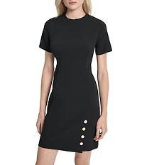 DKNY by Donna Karan Scuba Crepe Crew Neck Short Sleeve Faux Button Skirt Sheath Dress