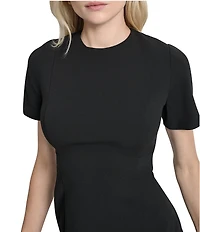 DKNY by Donna Karan Scuba Crepe Crew Neck Short Sleeve Faux Button Skirt Sheath Dress