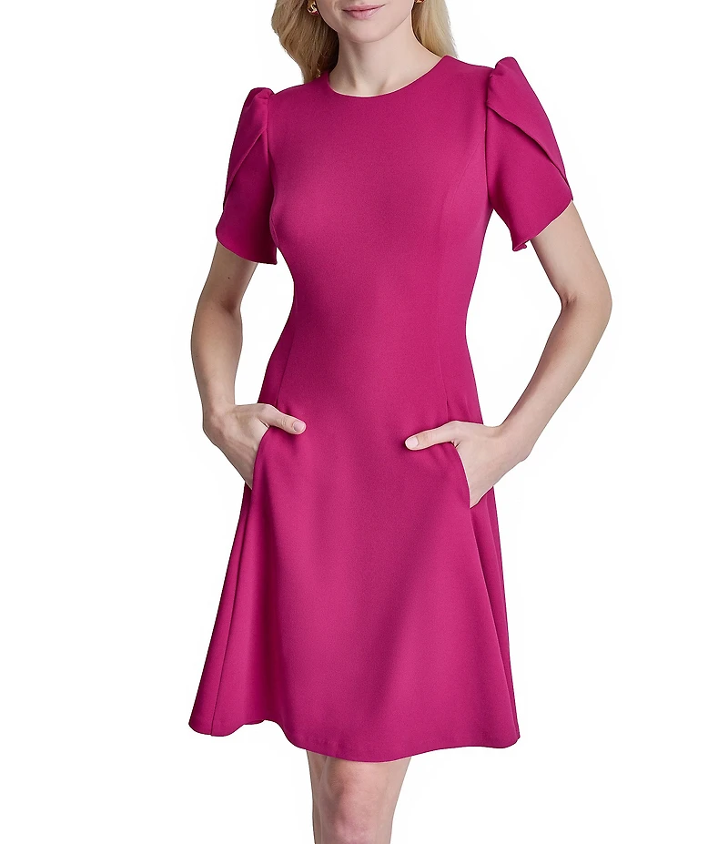 DKNY by Donna Karan Scuba Crepe Crew Neck Short Sleeve Fit & Flare Short Dress