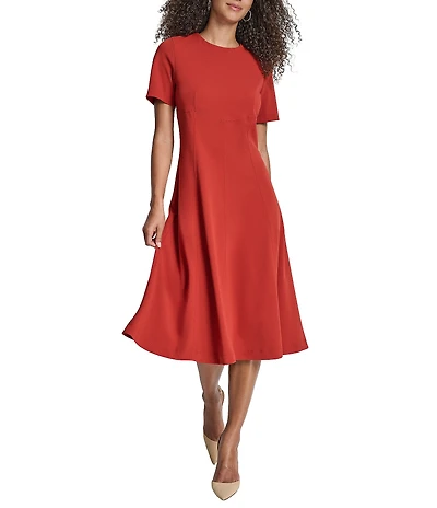 DKNY by Donna Karan Scuba Crepe Crew Neck Short Sleeve Fit And Flare Midi Dress
