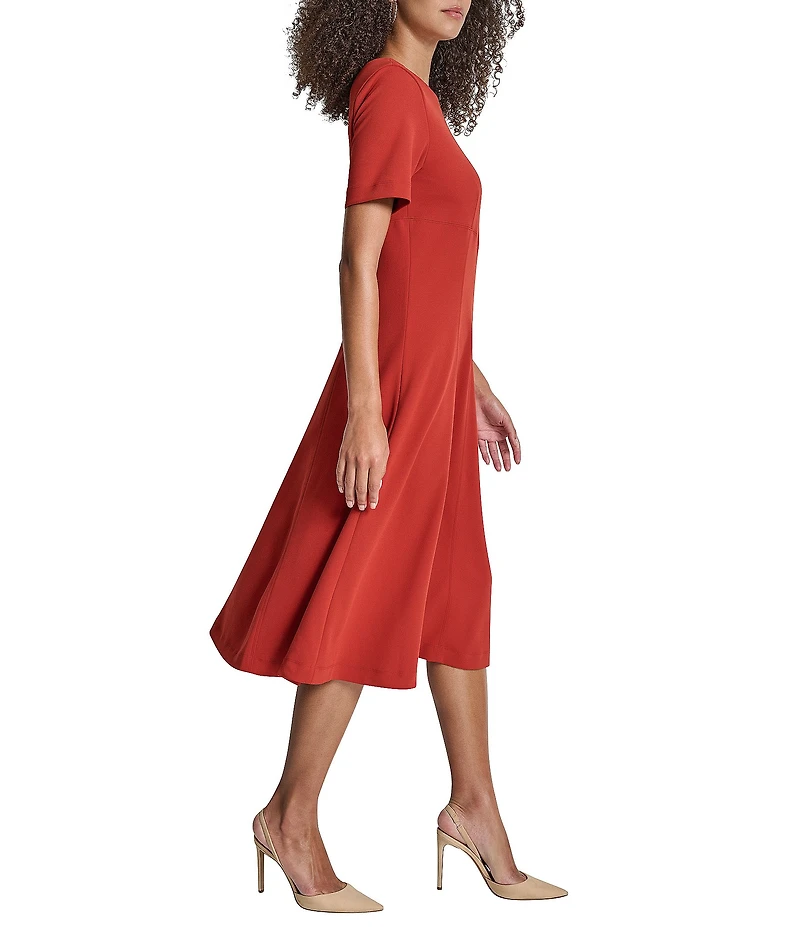 DKNY by Donna Karan Scuba Crepe Crew Neck Short Sleeve Fit And Flare Midi Dress