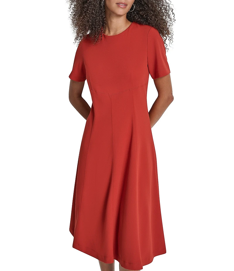 DKNY by Donna Karan Scuba Crepe Crew Neck Short Sleeve Fit And Flare Midi Dress
