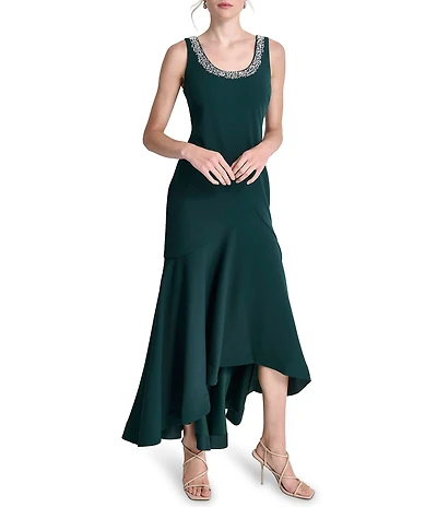 DKNY by Donna Karan Scuba Crepe Embellished Heat Set Scoop Neck Sleeveless High Low Hem Evening Gown