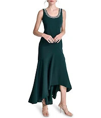 DKNY by Donna Karan Scuba Crepe Embellished Heat Set Scoop Neck Sleeveless High Low Hem Evening Gown
