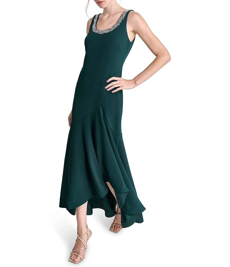 DKNY by Donna Karan Scuba Crepe Embellished Heat Set Scoop Neck Sleeveless High Low Hem Evening Gown