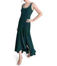 DKNY by Donna Karan Scuba Crepe Embellished Heat Set Scoop Neck Sleeveless High Low Hem Evening Gown