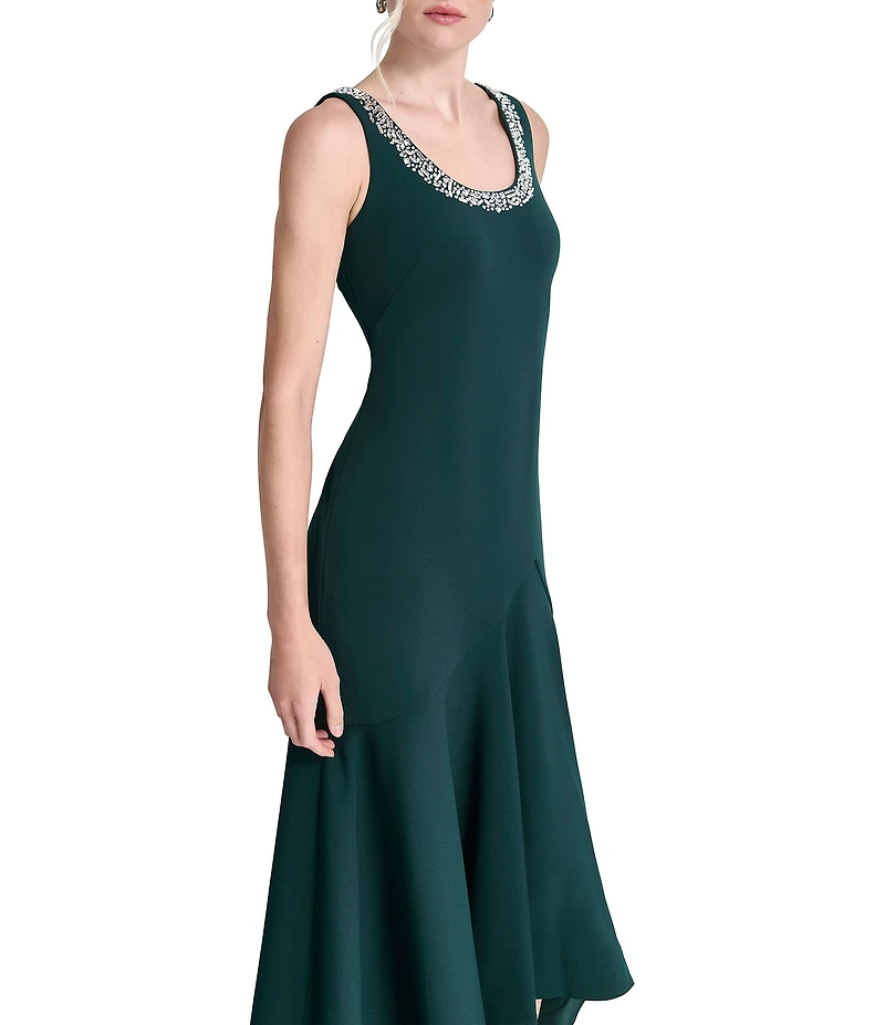 DKNY by Donna Karan Scuba Crepe Embellished Heat Set Scoop Neck Sleeveless High Low Hem Evening Gown