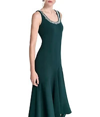 DKNY by Donna Karan Scuba Crepe Embellished Heat Set Scoop Neck Sleeveless High Low Hem Evening Gown