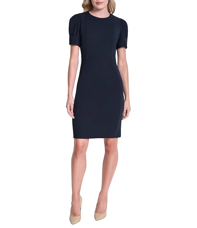 DKNY by Donna Karan Scuba Crepe Round Neck Short Puff Sleeve Sheath Dress