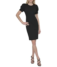 DKNY by Donna Karan Scuba Crepe Round Neck Short Puff Sleeve Sheath Dress