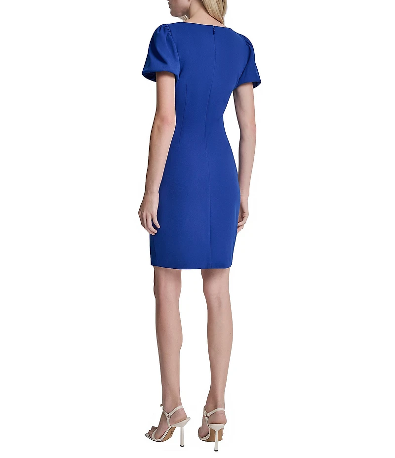 DKNY by Donna Karan Scuba Crepe Short Bubble Sleeve Ruched Front Sheath Dress