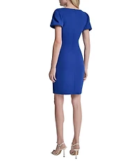 DKNY by Donna Karan Scuba Crepe Short Bubble Sleeve Ruched Front Sheath Dress