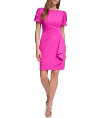 DKNY by Donna Karan Scuba Crepe Short Bubble Sleeve Ruched Front Sheath Dress