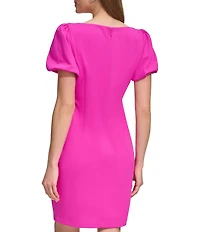 DKNY by Donna Karan Scuba Crepe Short Bubble Sleeve Ruched Front Sheath Dress
