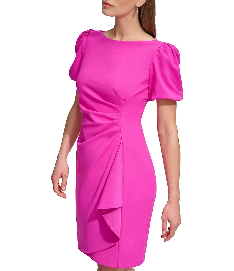 DKNY by Donna Karan Scuba Crepe Short Bubble Sleeve Ruched Front Sheath Dress