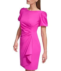 DKNY by Donna Karan Scuba Crepe Short Bubble Sleeve Ruched Front Sheath Dress