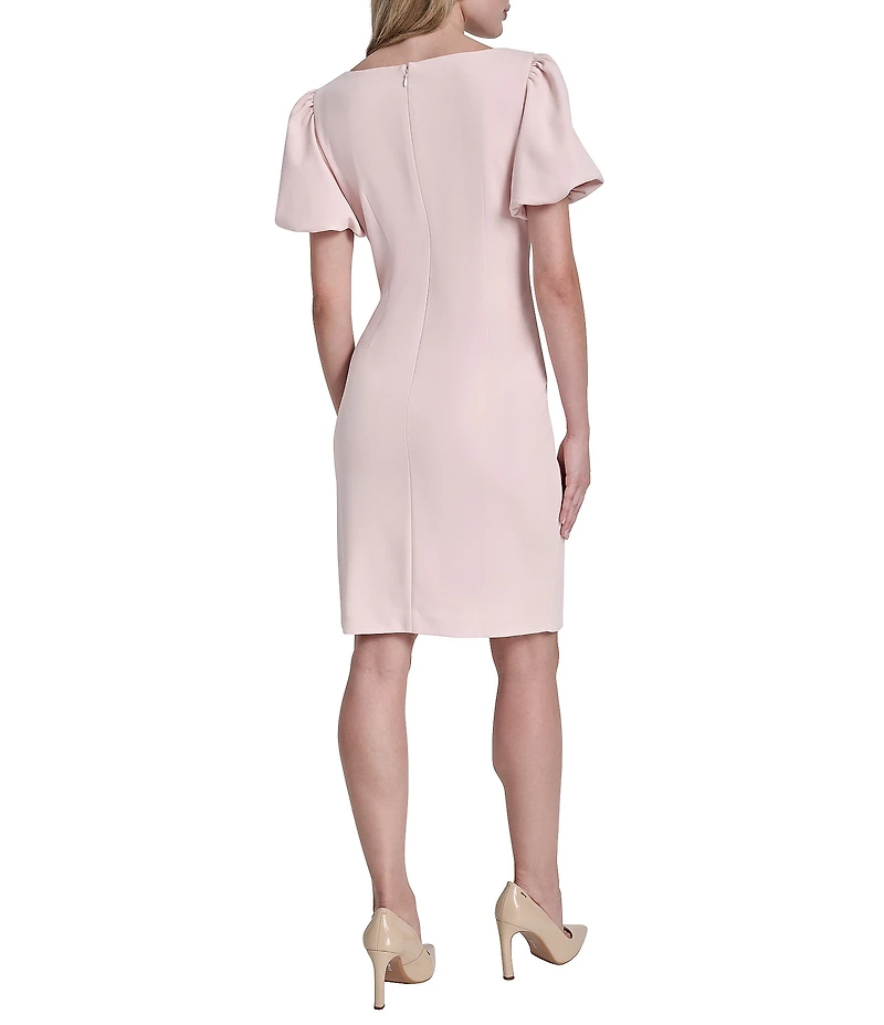 DKNY by Donna Karan Scuba Crepe Short Bubble Sleeve Ruched Front Sheath Dress