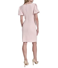 DKNY by Donna Karan Scuba Crepe Short Bubble Sleeve Ruched Front Sheath Dress