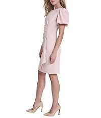 DKNY by Donna Karan Scuba Crepe Short Bubble Sleeve Ruched Front Sheath Dress