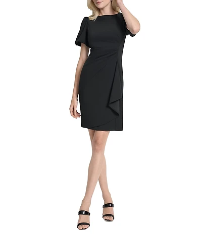 DKNY by Donna Karan Scuba Crepe Short Bubble Sleeve Ruched Front Sheath Dress