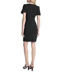 DKNY by Donna Karan Scuba Crepe Short Bubble Sleeve Ruched Front Sheath Dress
