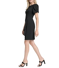 DKNY by Donna Karan Scuba Crepe Short Bubble Sleeve Ruched Front Sheath Dress