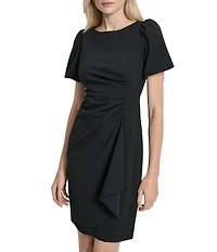DKNY by Donna Karan Scuba Crepe Short Bubble Sleeve Ruched Front Sheath Dress