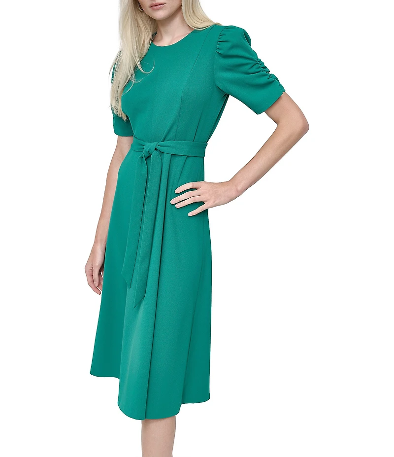 DKNY by Donna Karan Scuba Crepe Short Ruched Sleeve Belted Midi Dress