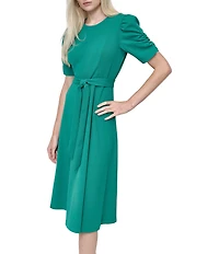DKNY by Donna Karan Scuba Crepe Short Ruched Sleeve Belted Midi Dress