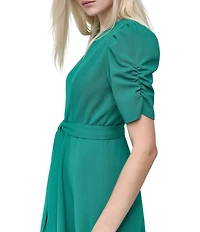 DKNY by Donna Karan Scuba Crepe Short Ruched Sleeve Belted Midi Dress