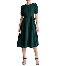 DKNY by Donna Karan Scuba Crepe Short Ruched Sleeve Belted Midi Dress