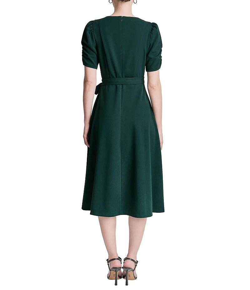 DKNY by Donna Karan Scuba Crepe Short Ruched Sleeve Belted Midi Dress