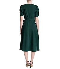 DKNY by Donna Karan Scuba Crepe Short Ruched Sleeve Belted Midi Dress