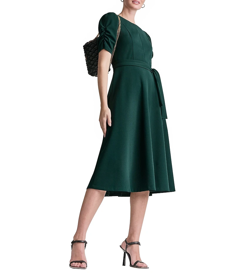 DKNY by Donna Karan Scuba Crepe Short Ruched Sleeve Belted Midi Dress