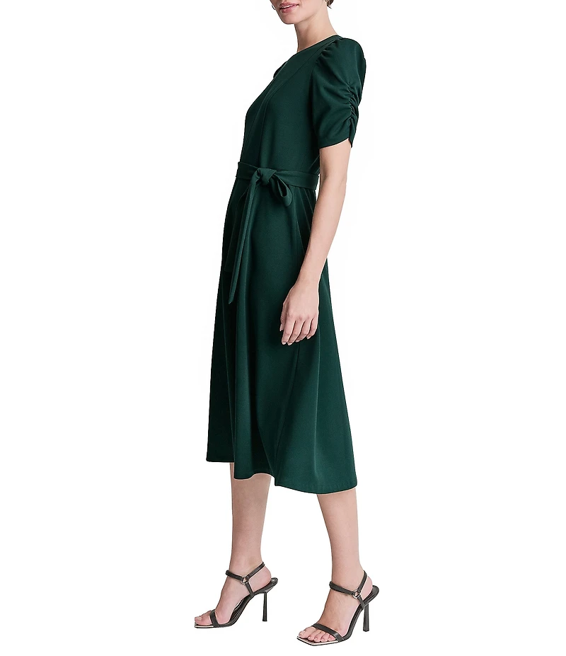 DKNY by Donna Karan Scuba Crepe Short Ruched Sleeve Belted Midi Dress
