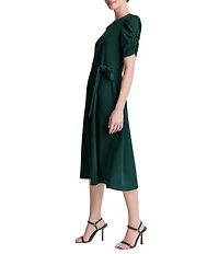 DKNY by Donna Karan Scuba Crepe Short Ruched Sleeve Belted Midi Dress