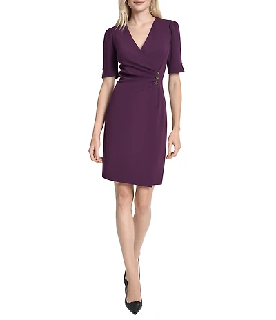 DKNY by Donna Karan Scuba Crepe Short Sleeve Button Wrap Dress