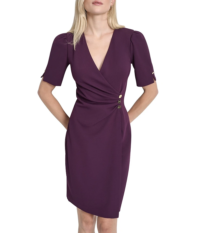 DKNY by Donna Karan Scuba Crepe Short Sleeve Button Wrap Dress