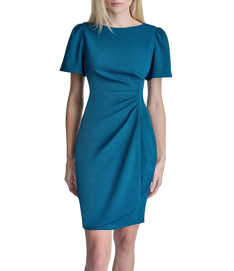 DKNY By Donna Karan Scuba Crepe Short Sleeve Ruched Bodice Sheath Dress