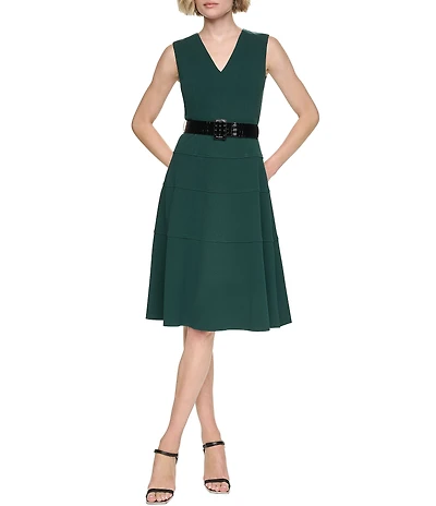 DKNY By Donna Karan Scuba Crepe Sleeveless V Neck Tiered Skirt Fit And Flare Dress