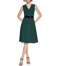 DKNY By Donna Karan Scuba Crepe Sleeveless V Neck Tiered Skirt Fit And Flare Dress