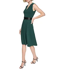 DKNY By Donna Karan Scuba Crepe Sleeveless V Neck Tiered Skirt Fit And Flare Dress